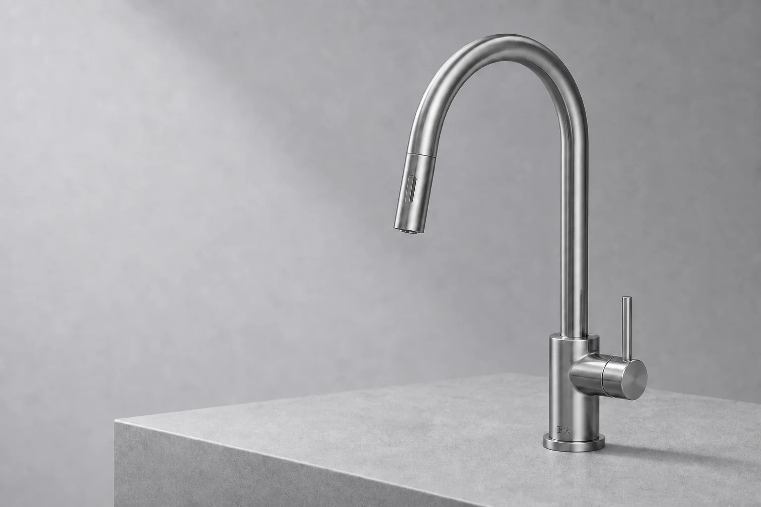 带正大文字蚀刻的玄弧抽拉厨房龙头产品图 / Pull-out Kitchen Mixer by Zhengda.